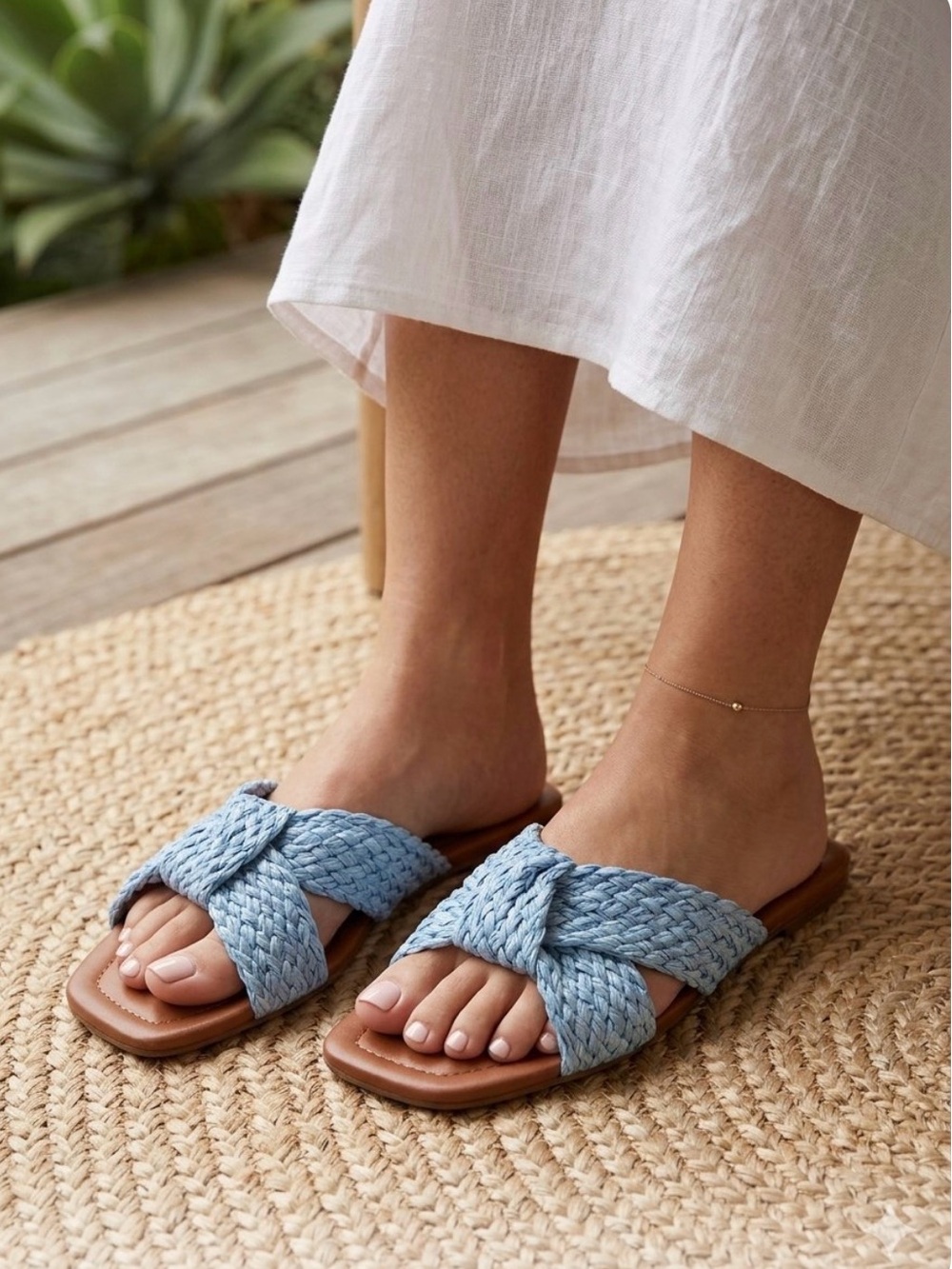 Marc Fisher Braided Slide Sandals in Light Blue with Brown Footbed